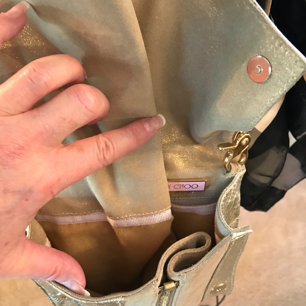 ♦️90% OFF! JIMMY CHOO Metallic Gold Leather and Snake EXPANDABLE CLUTCH - Picture 6 of 8